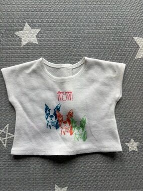 American Girl White Tee with Blue Orange and Green Puppy Print top